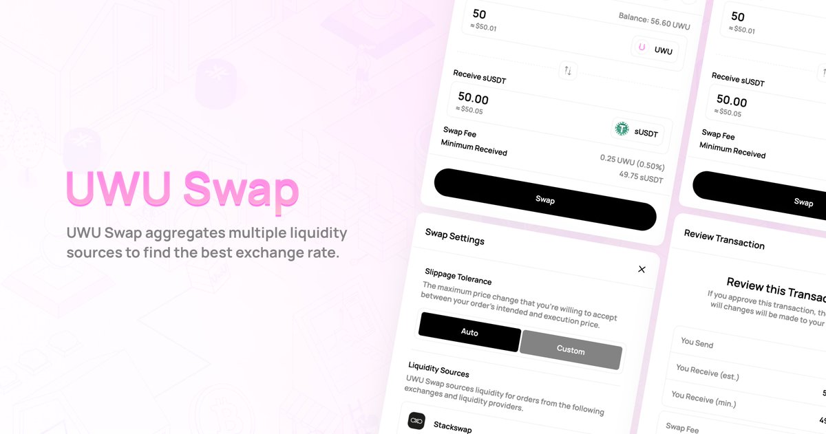 We're excited to launch UWU Swap, the first DEX aggregator on <a href="/Stacks/">stacks.btc</a>. 💱

UWU Swap aggregates multiple liquidity sources to find you the best exchange rate for a given trade.

Get started at app.uwu.cash.