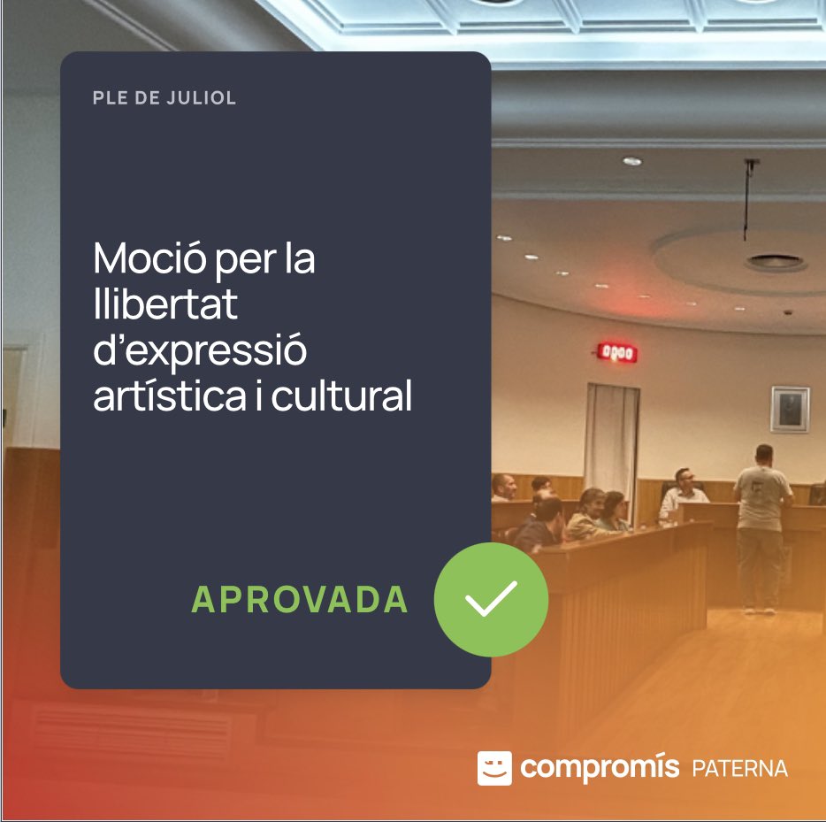 ✅ El ple aprova la moció que hem presentat per la llibertat d’expressió artística i cultural 😉

Quasi tots els corporatius voten a favor 🙋🏻‍♀️ 

sabeu qui ha votat en contra⁉️

Exacte, V🤮X, cap sorpresa 🤦🏻‍♀️

#perlallibertat #perlacultura