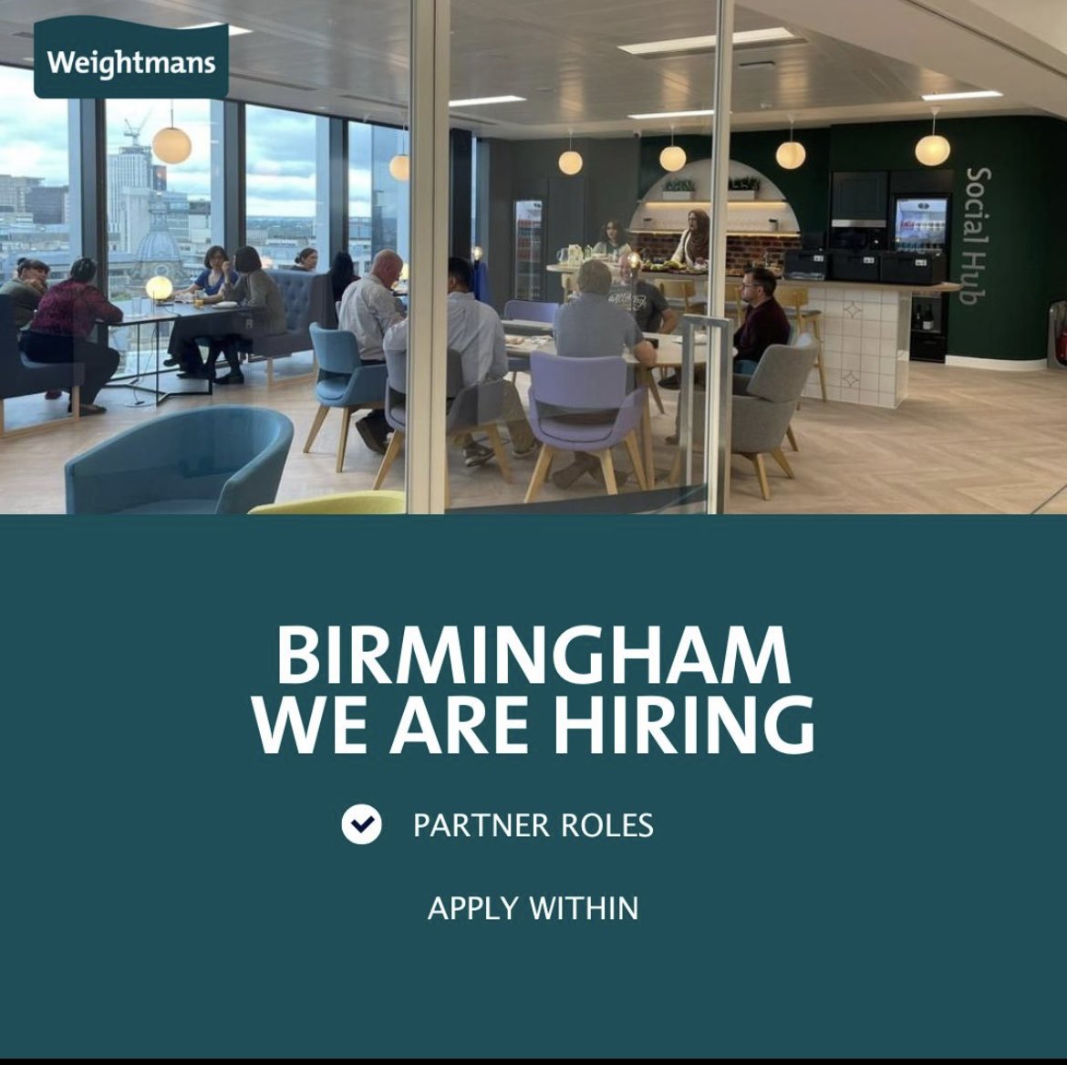 Calling all #Birmingham partners! There’s never been a more exciting time to join Team <a href="/Weightmans/">Weightmans</a> as we arrive at 103 Colmore Row. Top 40 now, we  #SeethePossibility to progress to Top 30. If you’d like to be part of the journey, please get in touch ! apply.weightmans.com/vacancies/845/…