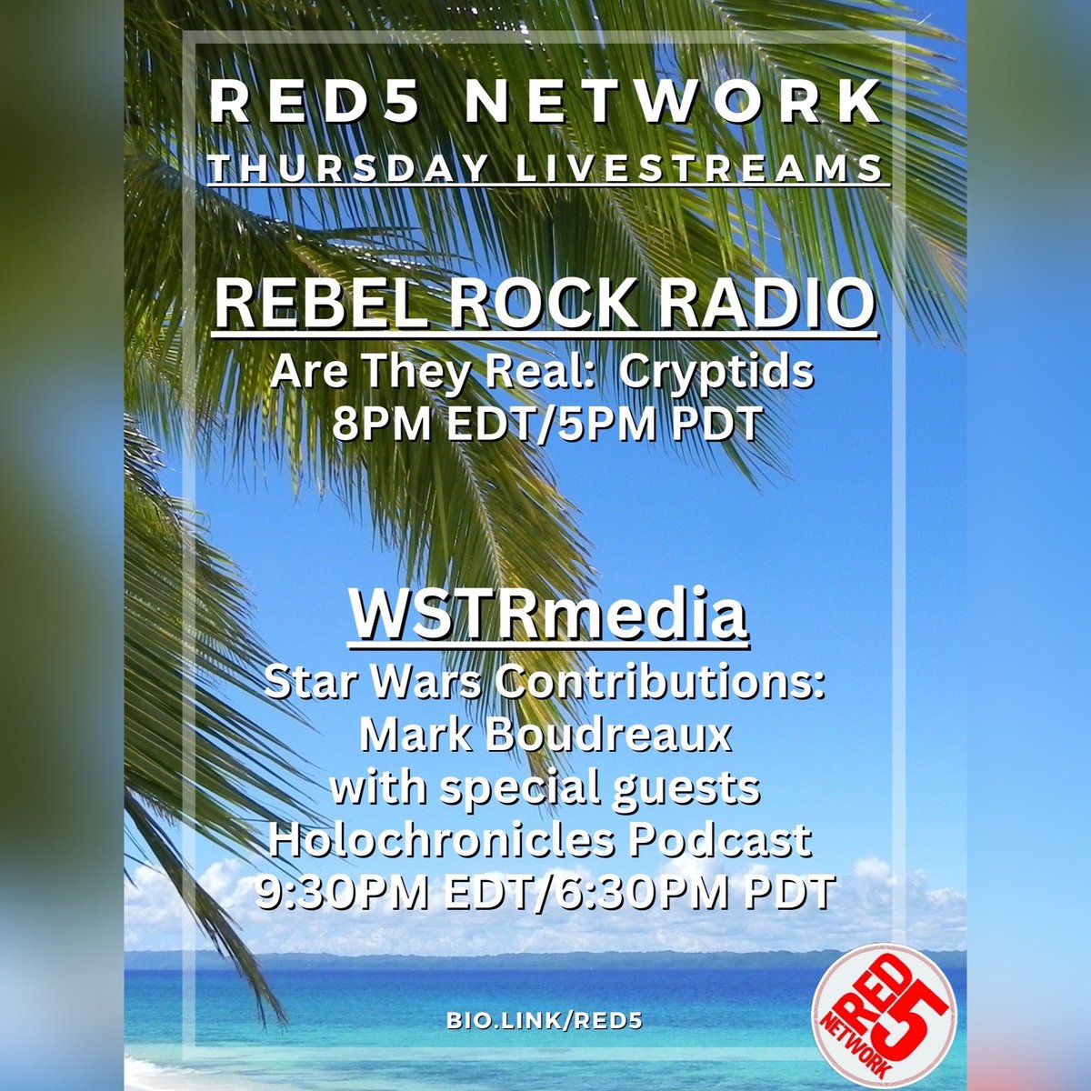 YOUR Red 5 Network (@red5network) on Twitter photo One more day until Friday! Let these Red5 Network livestreams help get you there! Steve & DJ are chatting #cryptids on @RebelRockPod, followed by <a href="/WSTRmedia/">wstrmedia @ #BTTF40</a>’s discussion on Mark Boudreaux. Tonight, live on YouTube! One more day until Friday! Let these Red5 Network livestreams help get you there! Steve & DJ are chatting #cryptids on @RebelRockPod, followed by <a href="/WSTRmedia/">wstrmedia @ #BTTF40</a>’s discussion on Mark Boudreaux. Tonight, live on YouTube!