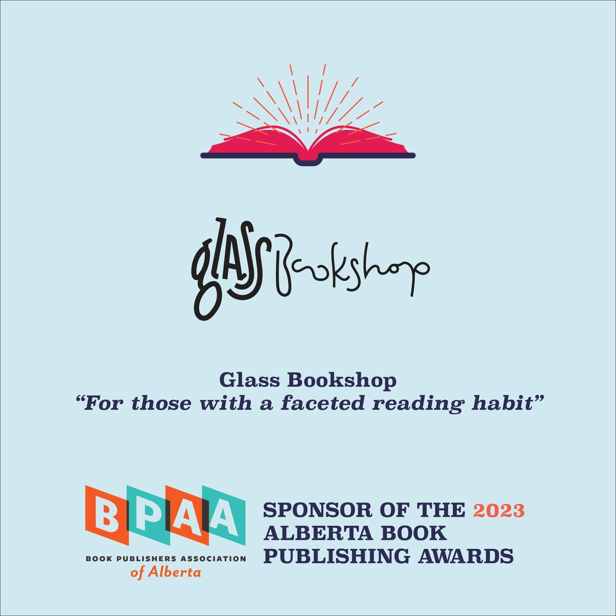 A huge thank you to @glassbookshop for sponsoring the 2023 Alberta Book Publishing Awards! Your commitment to the book publishing community is truly appreciated. #ABPubAwards #ABbooks