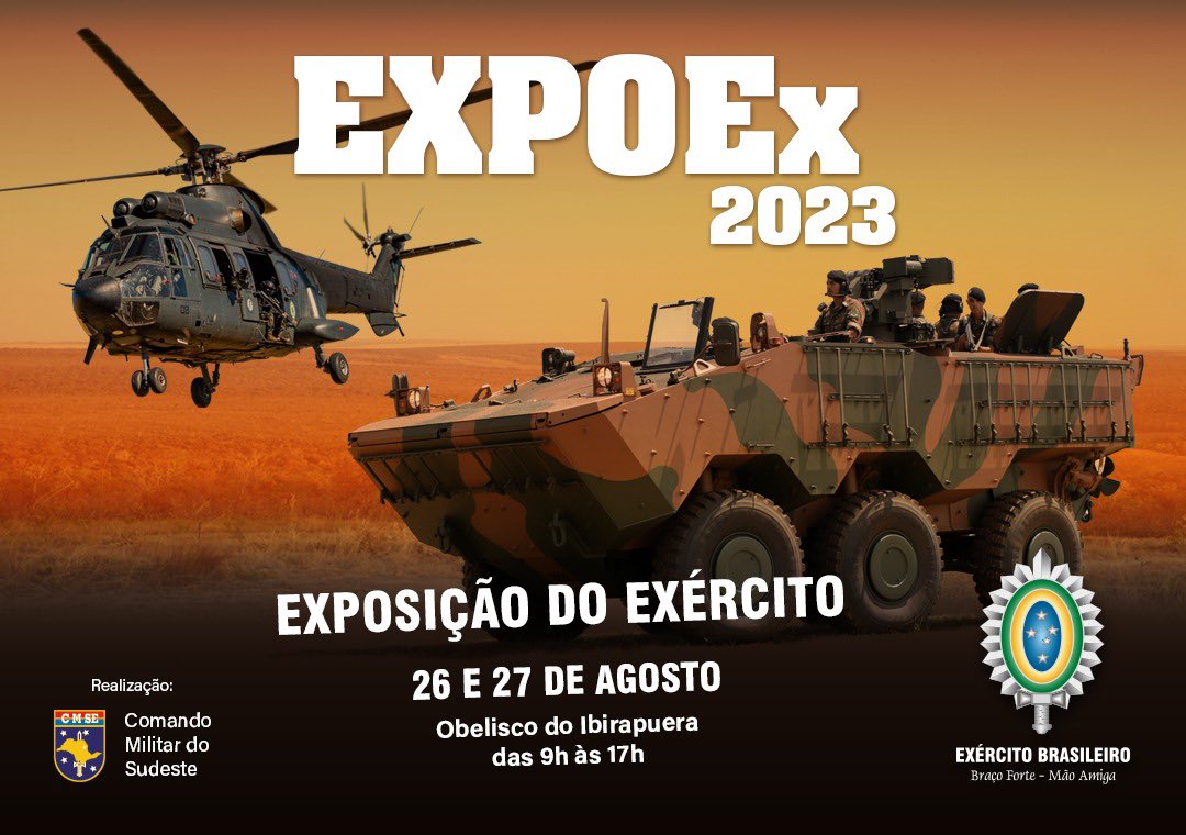 cmse_exercito's tweet photo. Prepare-se para uma experiência única e emocionante! Junte-se a nós nessa celebração na semana do Soldado! Venha conhecer de perto equipamentos militares, assistir a demonstrações incríveis e aprender sobre a importância da nossa defesa nacional. Não fique de fora dessa! #EXPOEX #SemanaDoSoldado
