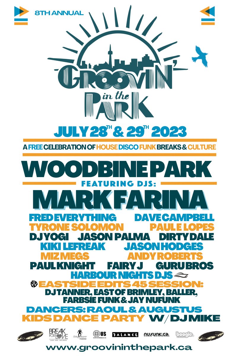 Tomorrow #GroovinInThePark kicks off in #Toronto at Woodbine Park ft @djMarkFarina @FredEverything <a href="/JasonHodgesTO/">HODGES™️</a> #KikiLeFreak #DJYogi @JasonPalma <a href="/PaulELopes/">Paul E. Lopes</a> @TyroneSolomon <a href="/MizMegs/">MizMegs</a> <a href="/GURU_bros/">GuruBros</a> <a href="/Farbsie/">Farbsie MakeItFunky</a> <a href="/DJTanner1998/">Bryn Garwood</a>  @JChameleonDJ &amp; more
 FREE RSVP: groovininthepark.ca