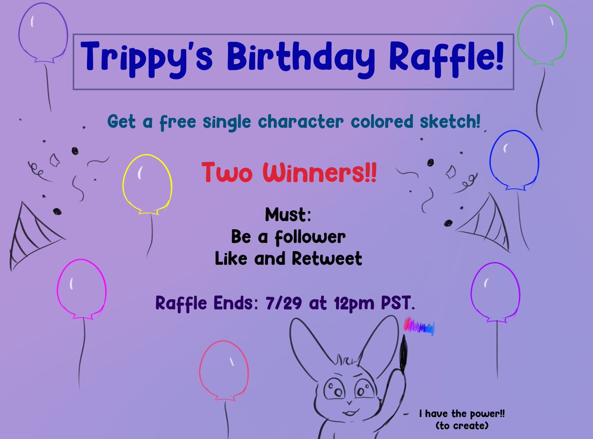 🎊✨It's my birthday y'all!✨🎊 That means it's time for an art raffle! ✏️👁️

To enter, simply: 

Be a Follower ✅
Like and Retweet this post 🩵

Raffle ends the 29th at 12 pm PST time! Good luck!