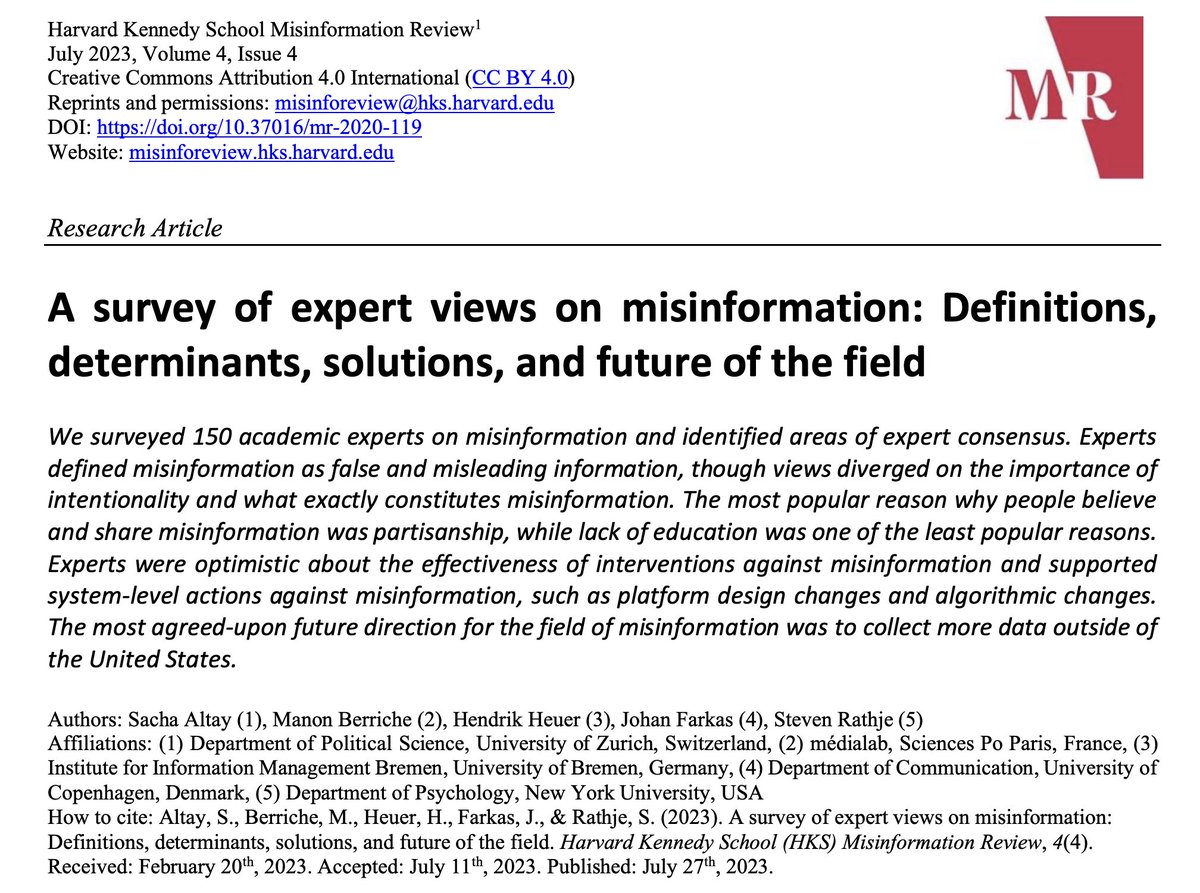 🚨 New paper in @MisinfoReview 🚨 We surveyed 150 experts on misinformation and identified areas of expert consensus regarding definitions of misinformation, its determinants, solutions, and the future of the field. misinforeview.hks.harvard.edu/article/a-surv… 🧵