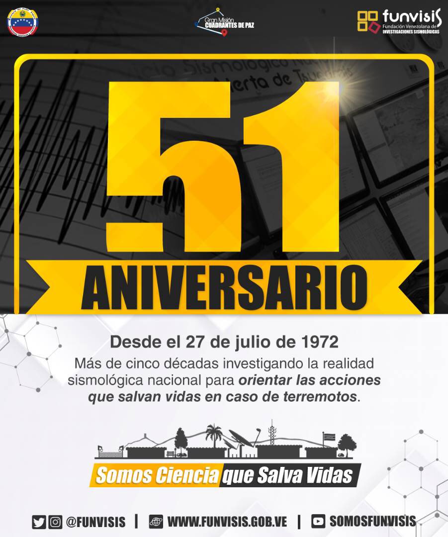 FUNVISIS's tweet photo. #27Jul l Hoy @Funvisis arriba a sus 51 años de grandes logros en investigación sismológica, con una extraordinaria trayectoria y amplia capacidad de servicios acompañados de investigación de vanguardia para la alfabetización activa de los venezolanos. 

#Funvisis #MaduroSíVa https://t.co/xWq8NEldyq