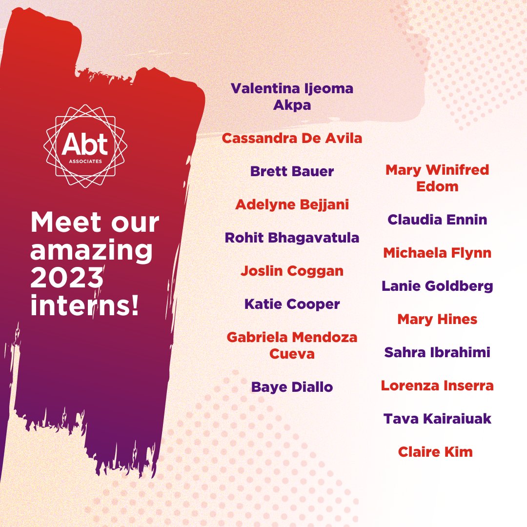 AbtGlobalImpact's tweet photo. Here to Make a World of Difference! 

The #Abternship program provides a great learning opportunity for interns to contribute directly to Abt’s impact and work on global projects. On #NationalInternDay, we’re celebrating our 37 talented interns joining us in 2023 🎉 🎉 🎉 https://t.co/nYLthyZaAL