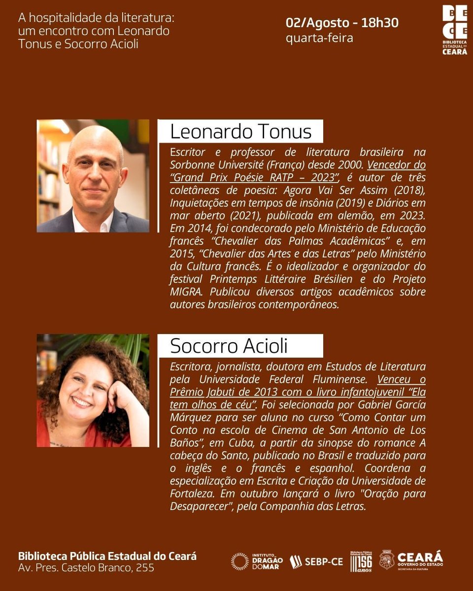 #Rodadeconversa| No dia 02 de agosto (quarta), às 18h30, acontece na Bece a roda de conversa "A hospitalidade da literatura: um encontro com Leonardo Tonus e Socorro Acioli".

Aguardamos você! 📚

 #Bece #SecultCE #GovernoDoCeará #InstitutoDragãodoMar