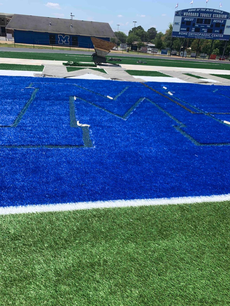 ModelHSAthletic's tweet photo. Numbers and tick marks are now installed on the field. The midfield logo is laying on the field getting ready to be installed. The endzone letters have been outlined and will be installed soon. Soccer lines are installed. https://t.co/hO2iR9zktV