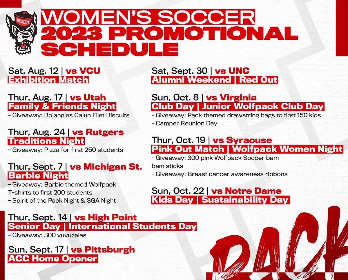 Our 2023 home promotional schedule is here! 

Can't wait for our regular season kickoff in just three weeks ⏳

🔗: bit.ly/PackWSOC_Promo…