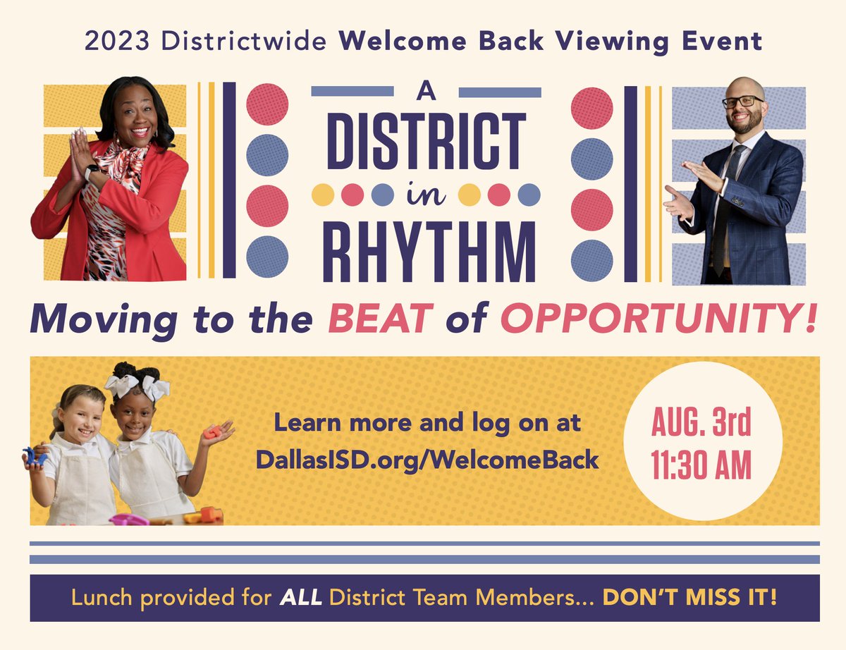 Dallas ISD will welcome all team members on Aug. 3 with a Districtwide Welcome Back Viewing Event featuring Superintendent Stephanie Elizalde as well as a special presentation highlighting the journey of one of Dallas ISD’s most dynamic opportunities ➡️ bit.ly/44EfaA6