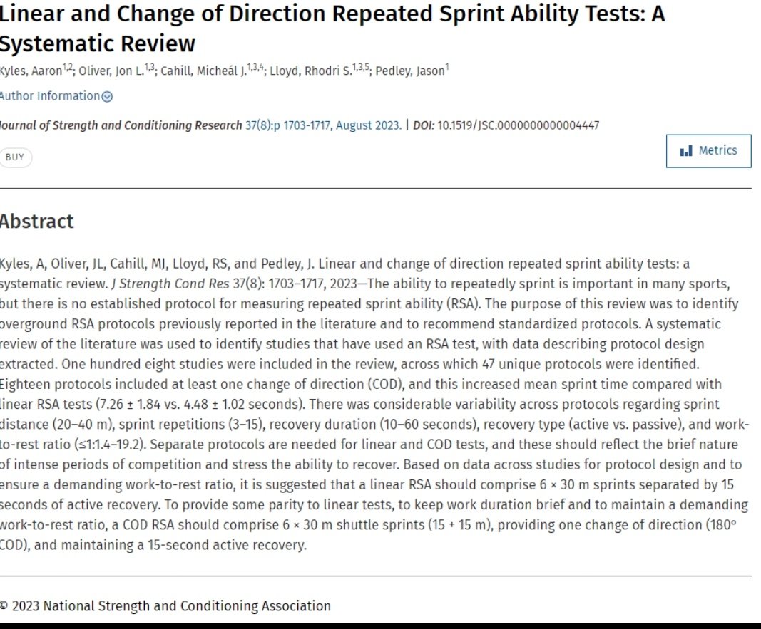 I am delighted to have a paper from my PhD. research published with JSCR. ' Linear and Change of Direction Repeated Sprint Ability Tests: A Systematic Review' 🔗journals.lww.com/nsca-jscr/Abst… @DrJonOliver, @MCahillPhD, @DrRSLloyd, @Pedley_J