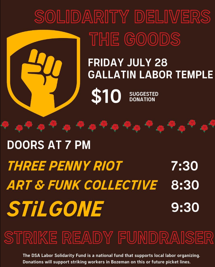 BozemanDSA's tweet photo. Come out Friday to celebrate UPS workers and keep the momentum going for stronger labor organizing in Bozeman! Doors at 7.
Performances by @threepennyriotmt @afcbandofficial and @stilgoneband

#solidaritysummer #solidaritydeliversthegoods https://t.co/3UTOB7yhHE