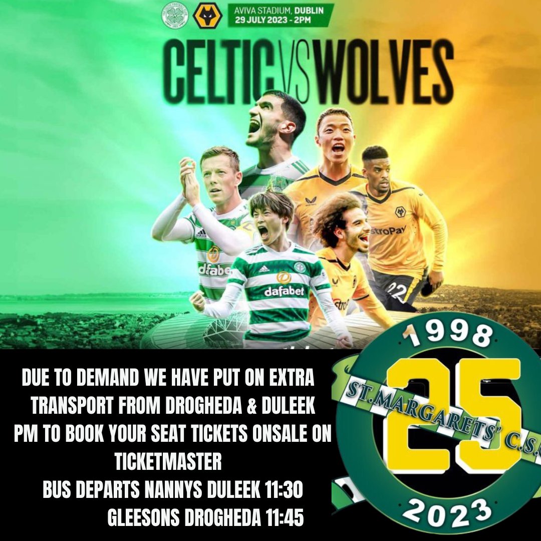 AndrewMilne12's tweet photo. CELTIC V WOLVES BUS UPDATES
PM TO SECURE SEAT
DEP: NANNYS DULEEK 11:30
DEP: GLEESONS DULEEK 11:45
#CelticFC #dublinireland #supportersbus https://t.co/LpDZpoOUxU