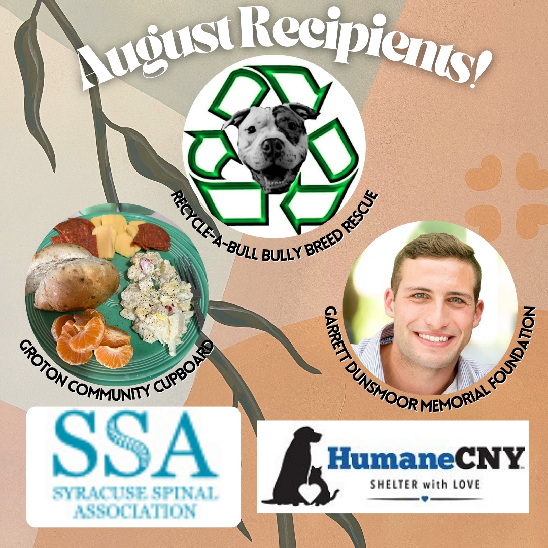 CnyTuesdays's tweet photo. It's finally time to announce our August grant recipients. Let's have a round of applause for these awesome local non-profits:

🍀 Humane Association of Central New York
🍀 Garrett Dunsmoor Memorial Foundation
🍀 Recycle-a-Bull Bully Breed Rescue
🍀 Groton Community Cupboard
... https://t.co/crGqBbCh0y