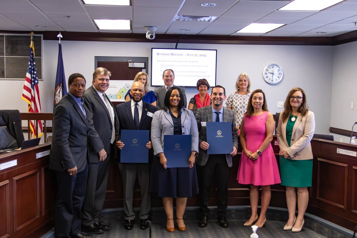 VDOE_News's tweet photo. Congratulations to the 2023 Virginia Principal Leadership Award recipients who were recognized at today's Board of Education meeting. From left to right: Howard Townsend IV, Shampriest Bevel and Benjamin Diggs. @VaPrincipals https://t.co/9KideQ50Xq