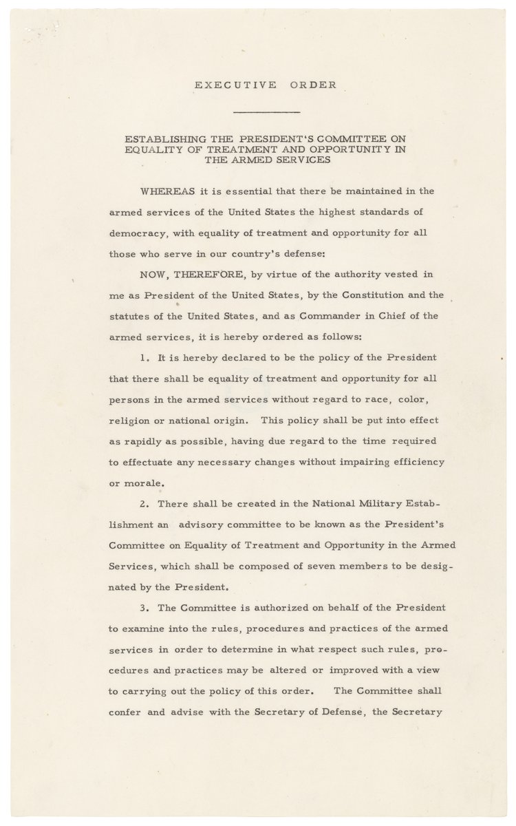 Here's the first page of EO 9981, in which President Truman desegregated the military. This evening, the <a href="/USNatArchives/">U.S. National Archives</a> will commemorate the 75th anniversary of this historic action. If you'd like to view the entire record, see our Catalog entry online: catalog.archives.gov/id/300009