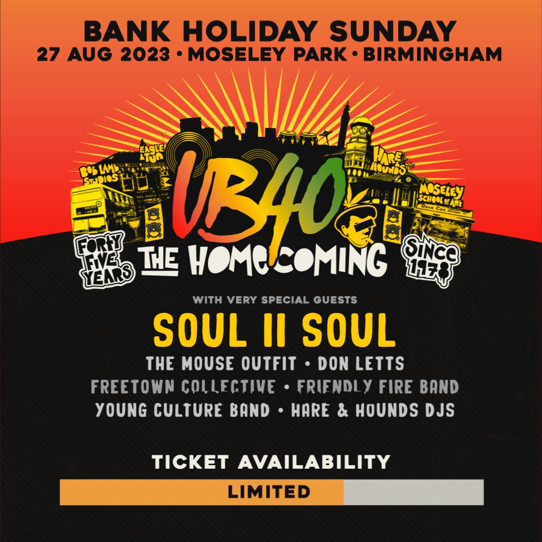 Who's ready to join us back in Moseley? We're just over 4 weeks away from our UB40 The Homecoming event in Moseley Park, Birmingham UK Tickets are limited, head to ub40.global/thehomecoming/ now! Big love UB40 #UB40 #reggae #Reggaemusic #UK #UB45 #liveevent #livemusic