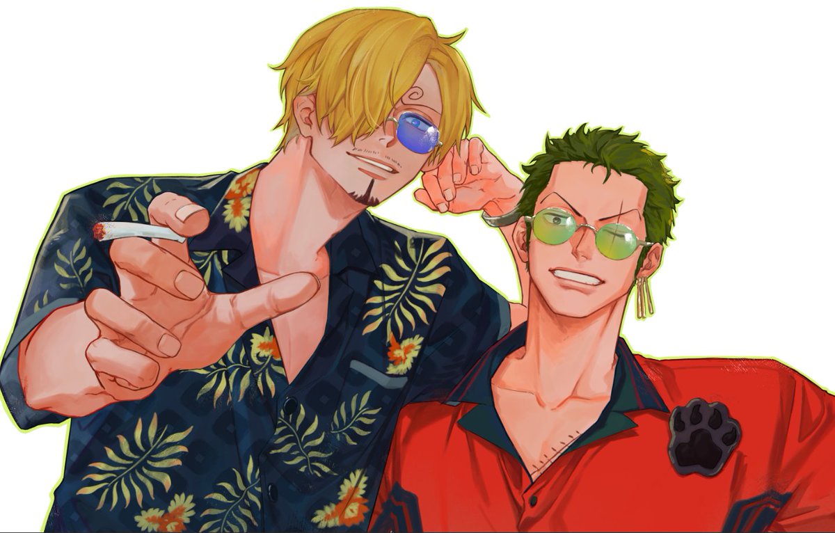 roronoa zoro ,sanji (one piece) multiple boys 2boys green hair male focus cigarette blonde hair hair over one eye  illustration images