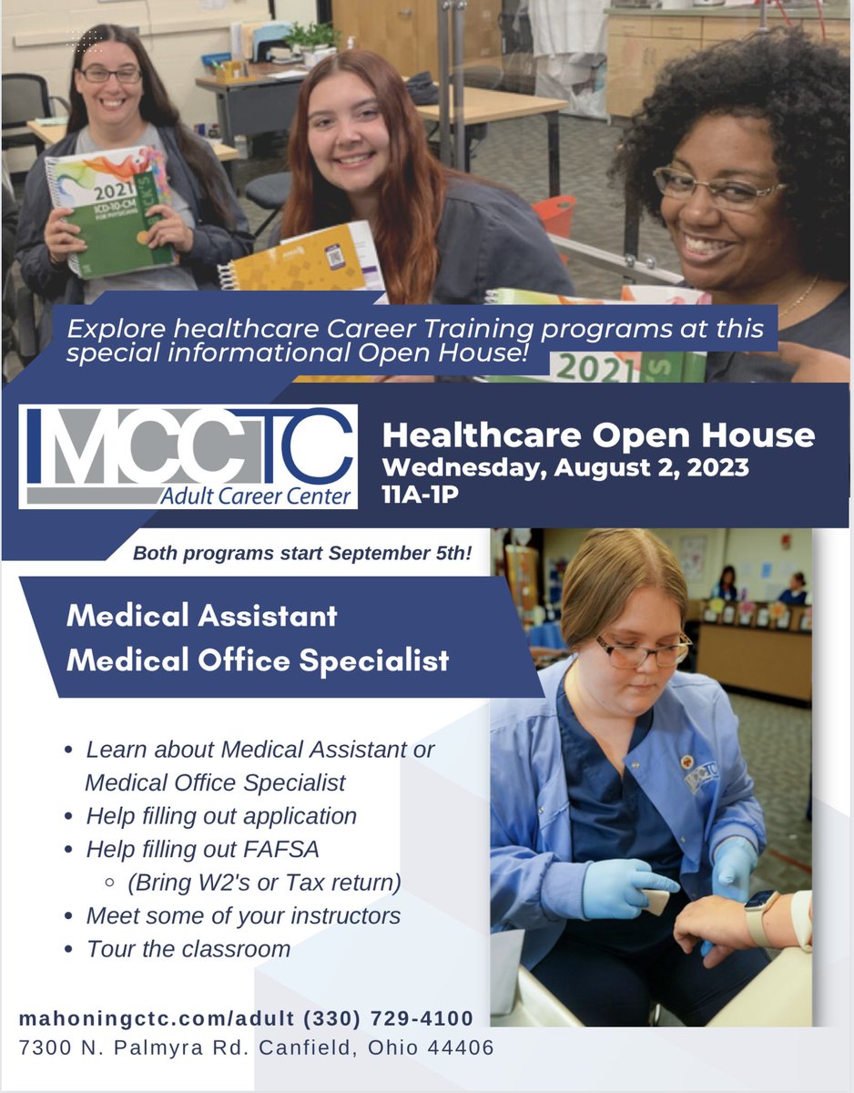 Join us for a special Healthcare Open House!
No registration needed, just come out to MCCTC between 11 AM and 1PM on Aug. 2nd and enter the building through Door #1. #mcctcadultcareercenter #canfield #ohio

Call for details (330) 729-4100
mahoningctc.com/adult