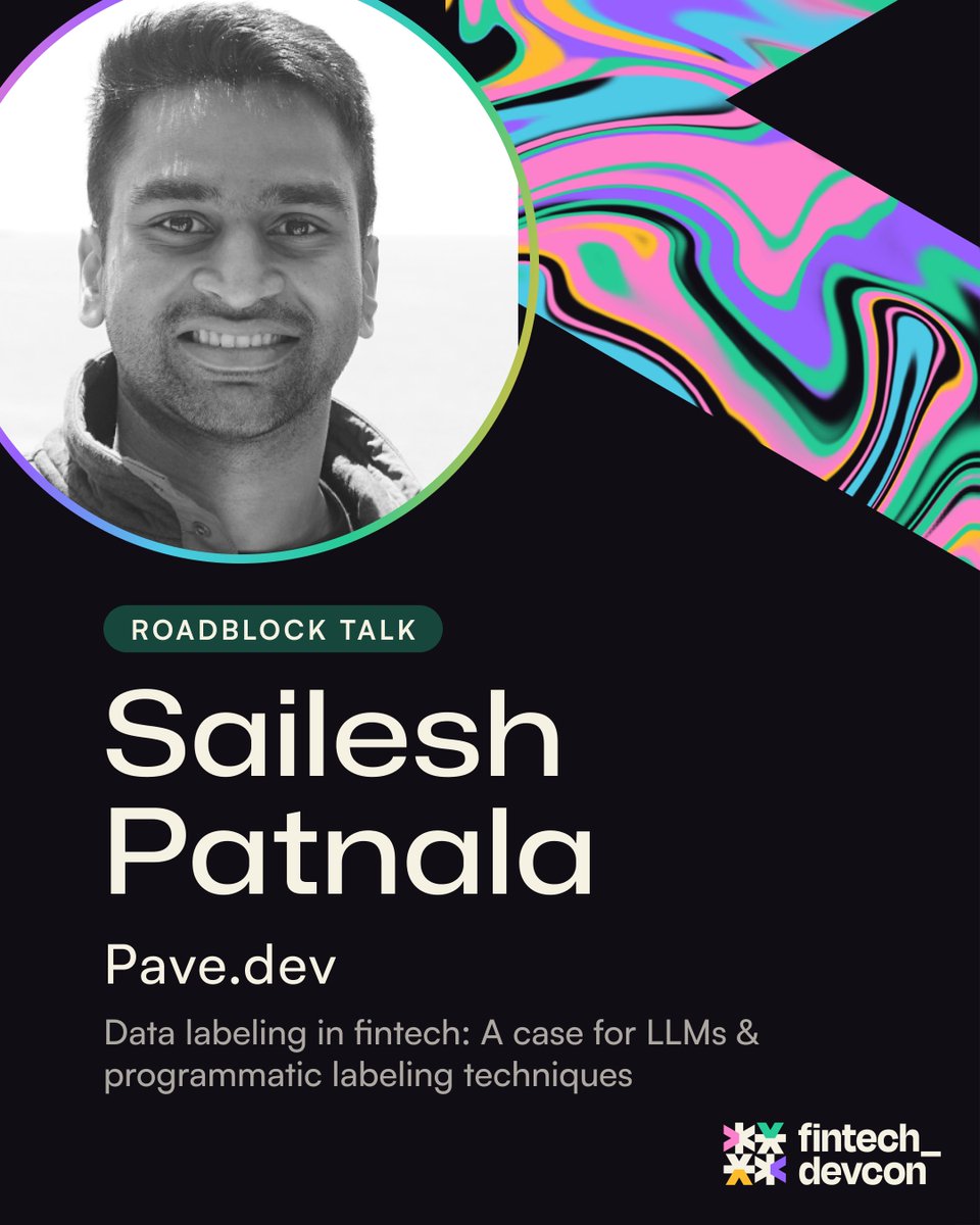 fintechdevcon's tweet photo. 📈 Need to level up your #data modeling chops? 

Don't miss @saileshpatnala from @pavedev 
 at #fintechdevcon this August. He'll be leading a deep dive into modeling financial data with #LLMs. 

More on Sailesh's roadblock 👉 https://t.co/4qhxiHsH5A https://t.co/tGRBgcgOJG