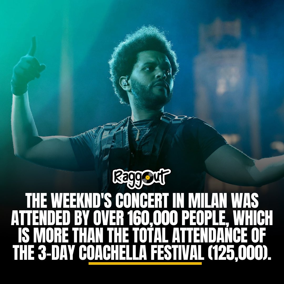 raggoutstudios's tweet photo. The Weeknd's concert in Milan was attended by over 160,000 people, which is more than the total attendance of the 3-day Coachella festival (125,000).
.
.
.
.
.
.
.
.
#music #TheWeeknd #Milan #Concert #RaggOut #NoDayzOff https://t.co/3Qubdvdepc