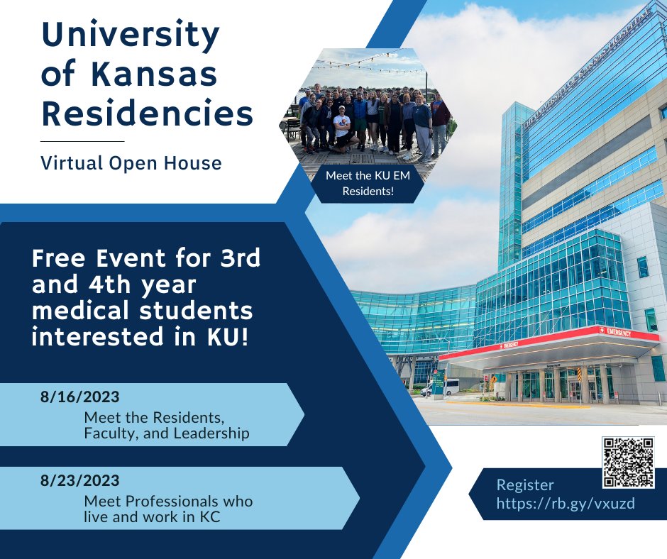 Calling all #EMBound senior medical students (and all other specialties) interested in KU for residency! Our GME is hosting an all KUMC virtual open house. 8/16 - meet KUMC 8/23 - meet professionals in the KC area Registration link: rb.gy/vxuzd #WhyKUEM #Match2024