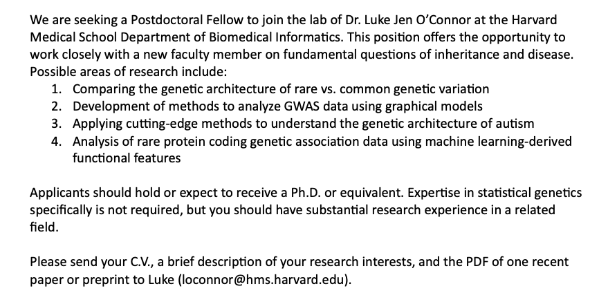 📣We're hiring! Please RT and share. #postdoc position in statistical genetics at @HarvardDBMI. Salary above normal range.