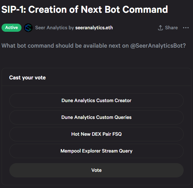 SeerAnalytics's tweet photo. SIP-1 is now LIVE! 
You can now proceed to vote with your $SEER 👇
https://t.co/ahOLzaEPlL

SIP-2 💰next https://t.co/xThIrE5H6r