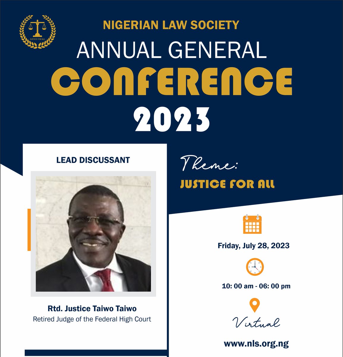The Nigerian Law Society is set to hold the Annual Conference  titled JUSTICE FOR ALL.
Time: 10am - 6pm
Date: 28th July

Registration link: us06web.zoom.us/webinar/regist…

Be sure to tell every legal practitioner you know! ❤️❤️