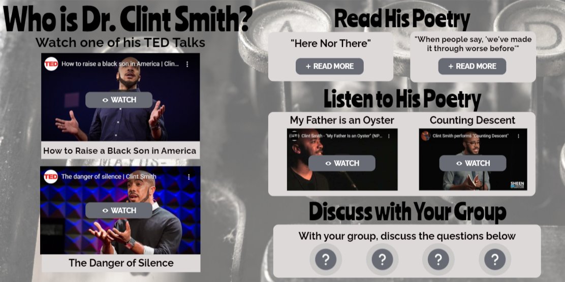 Lyricalswordz's tweet photo. So thankful for @ClintSmithIII spending time with #THEBOOKCHAT community last night. If you are looking for an entry point with students into his work, check out this interactive @genially: https://t.co/ZlH1WKVWpb https://t.co/uyQ8kiRlBd