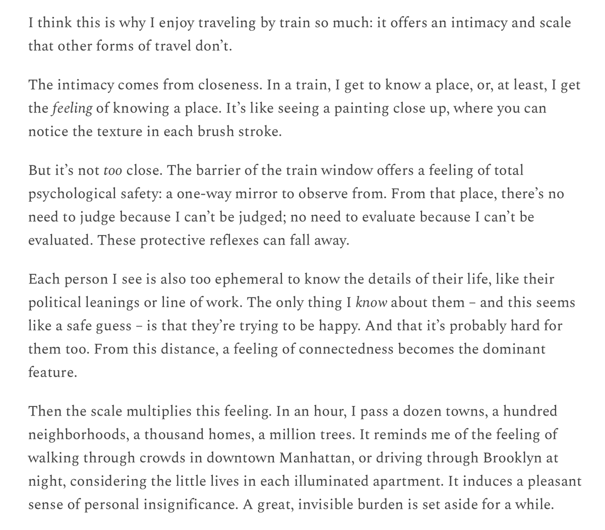 From this week's post: some brief thoughts on why I prefer to travel by train, and why a sense of closeness and distance both seem to be required for genuine compassion

(link in bio)