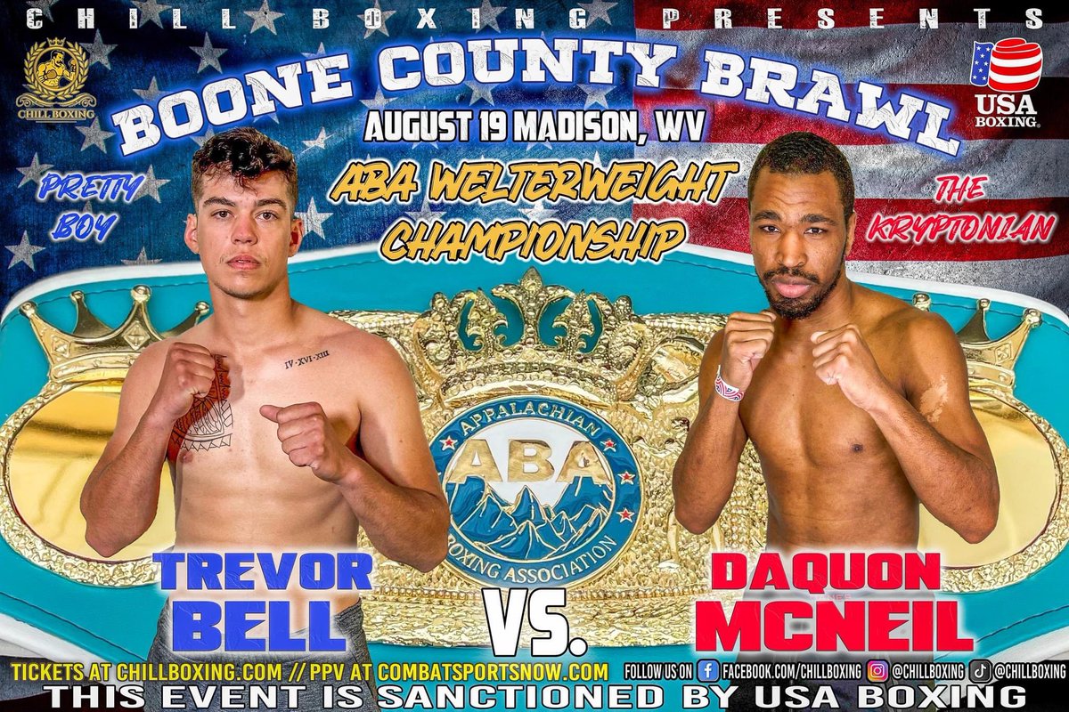 Chill_Boxing's tweet photo. As if the Boone County Brawl couldn't get any more exciting....two of the best amateur fighters in the region, Trevor "Pretty Boy" Bell and Daquon "The Kryptonian" McNeil, go to battle for the ABA Welterweight Amateur Championship Title. https://t.co/V8R4wPYeVR