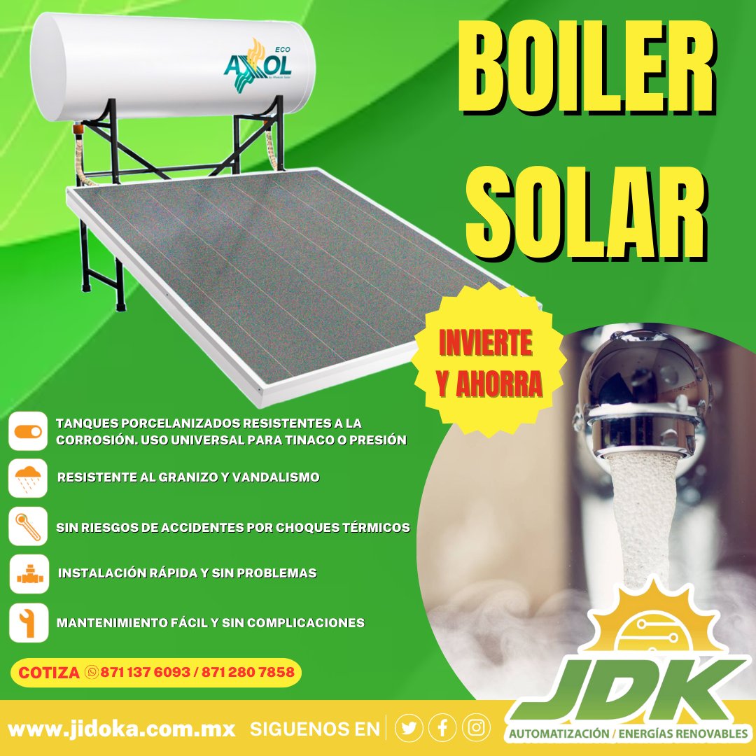 JIDOKA3's tweet photo. 𝐈𝐧𝐯𝐢𝐞𝐫𝐭𝐞 𝐲 𝐚𝐡𝐨𝐫𝐫𝐚‼

Boiler solar de venta en #ElectricDepot

✓ Permite un calentamiento de agua limpio y eficiente
✓ Proporciona agua caliente durante todo el año
✓ Alta durabilidad y bajo mantenimiento

COTIZA📲𝟖𝟕𝟏 𝟐𝟖𝟎 𝟕𝟖𝟓𝟖 / 𝟖𝟕𝟏 𝟏𝟏𝟕 𝟖𝟔𝟒𝟕 https://t.co/P5PipFEu1L
