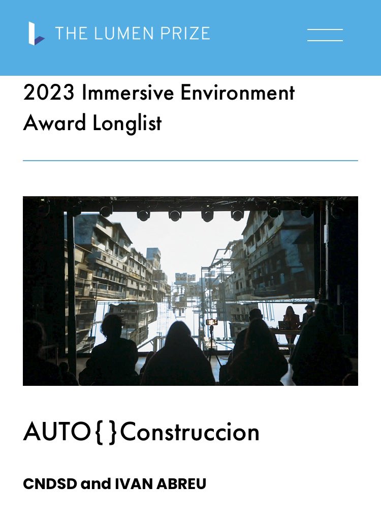 CNDSD_'s tweet photo. @_IvanAbreu and I we are very excited to be part of 2023 Immersive Environment Award list @lumenprize with AUTO{}construcción.
This work has opened new lines of our research on #AI , #livecoding and #livecinemacoding, we are very happy to share it with different audiences. https://t.co/aooZQHnPTu