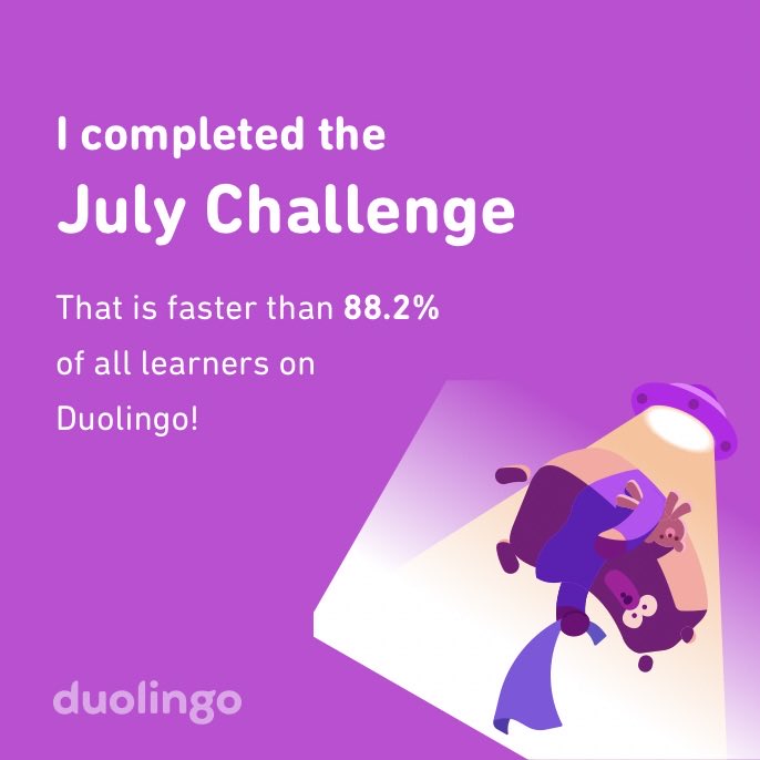 gratianl's tweet photo. I completed the July challenge faster than 88.2% of all learners on Duolingo! Yey! https://t.co/71yy9HhDDA