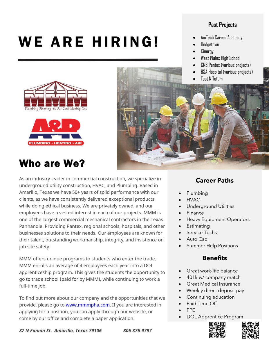 MMM Plumbing Heating &amp; Air Conditioning Inc is hiring for:

HVAC Technician - Commercial
Journeyman Plumber/Apprentice – Commercial
Plumbing Estimator – Commercial
Quality Assurance Inspector

Fill out an application and upload your resume here mmmpha.com/employment/ !