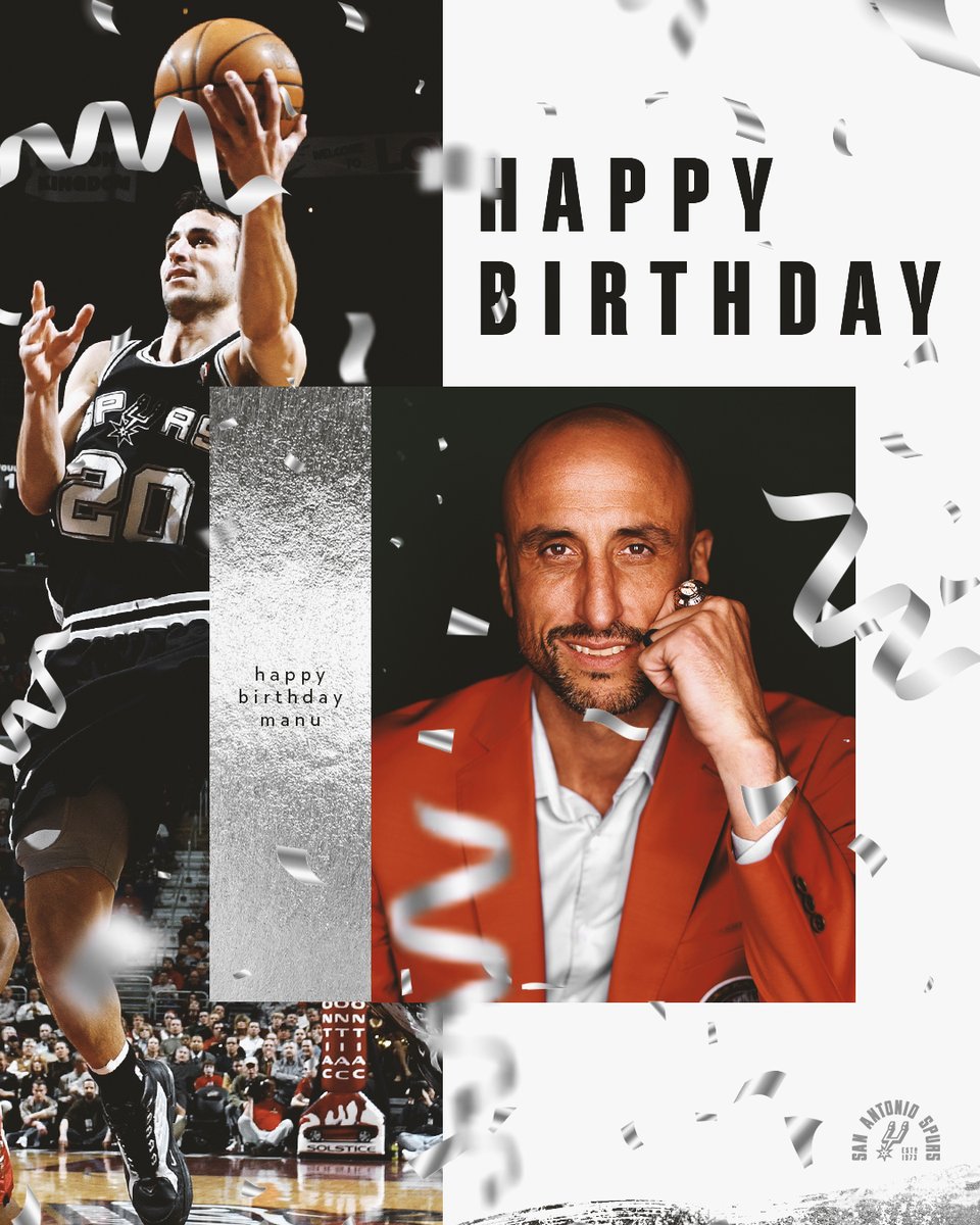 spurs's tweet photo. 🎉 HAPPY BIRTHDAY MANU! 🎉  

Join us in wishing @manuginobili the happiest of birthdays today! https://t.co/Md3AUZJUTQ
