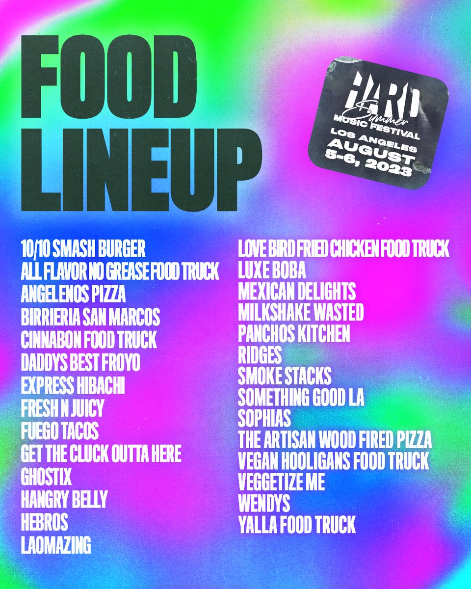 HARDFEST's tweet photo. ATE &amp; LEFT NO CRUMBS 😗 Take a look at the #HSMF23 Food Lineup to plan out your munchie moments. https://t.co/6dEAPpDYgc