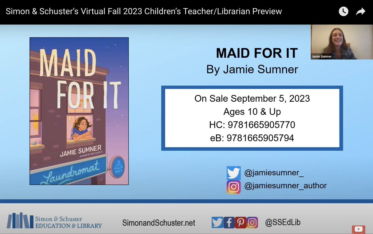 Loved hearing @jamiesumner_ talk about MAID FOR IT during #sskidspreview @SSEdLib event! She says 1 message from the book is: “Recovery is not the end. And even if recovery is rocky, it still isn’t the end.” One in all her MG bks is:“You can find hope in hard places.” #BookAllies
