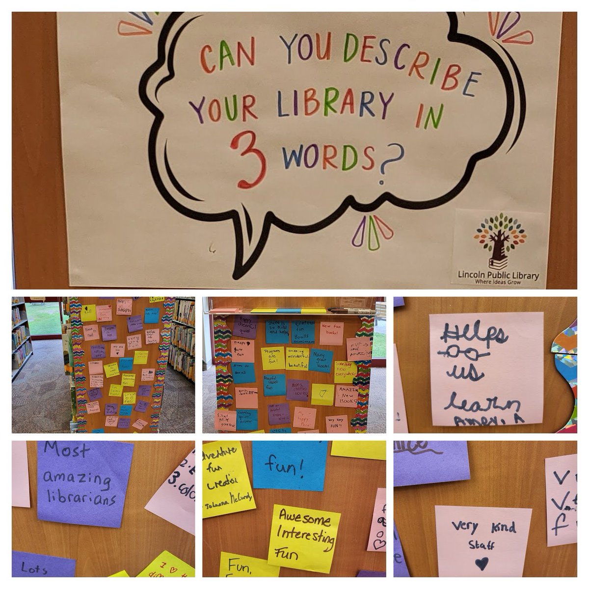 LinPubLibRI's tweet photo. Kids are describing the #library in 3 words. #FindYourVoice #RISummerReading @iReadProgram @olisri https://t.co/krL9VnnxVx