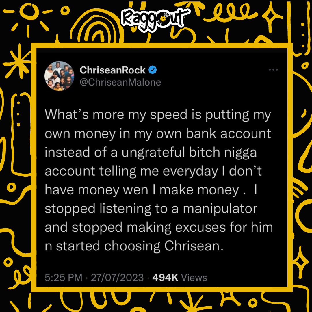 raggoutstudios's tweet photo. Chrisean Rock says sheβs starting to put her money in her own bank account; βI stopped listening to a manipulator and started choosing Chrisean.β
.
.
.
.
.
.
.
.
#Entertainment #ChriseanRock #RaggOut #NoDayzOff https://t.co/QCYhlnYPrl