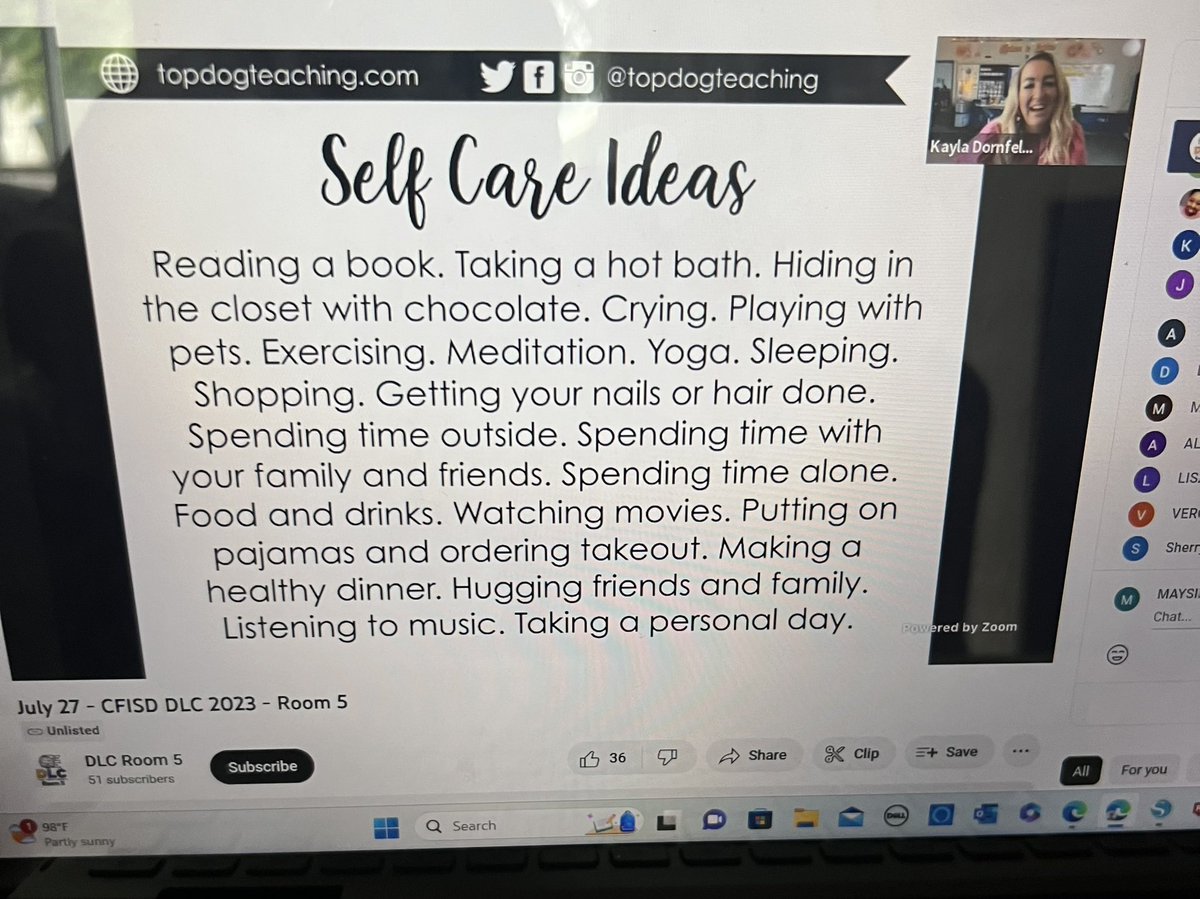 Thank you @TopDogTeaching for sharing such a great self care message for educators today! Can’t wait to add some self care tools to my toolbox🙌🏼  @WarnerCFISD @CyFairEdTech #CfisdDLC #Digitallearningconference #selfcare #newteacher #Cfisd #PreKFun