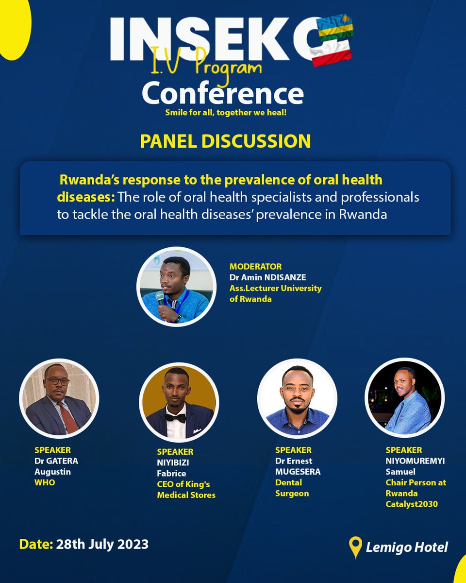 Tomorrow's the day! Join us for an enriching conference on "Rwanda's Response to prevalence of Oral Health Diseases: Insights and Ideas" featuring an exceptional lineup of panelists! 🦷💡
Looking forward to a day of impactful discussions and valuable takeaways! See you there!👋🎉
