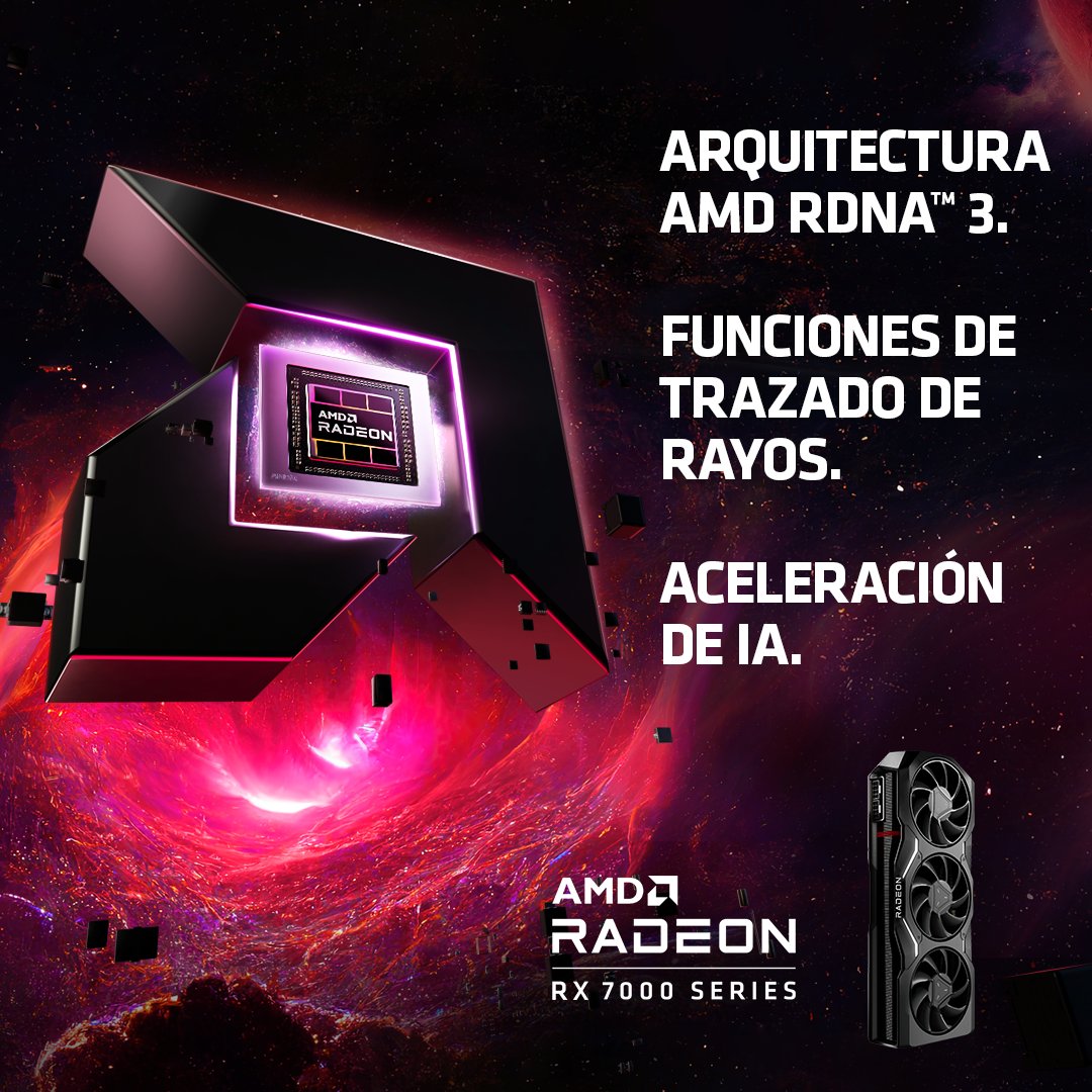 Con la arquitectura AMD RDNA™ 3, incluida en las Tarjetas Gráficas AMD Radeon™ RX Serie 7000, podrás experimentar avances de última generación, como los nuevos aceleradores de #IA, en la primera GPU con chiplet del mundo para jugadores. 🤯👽 #AMD #Radeon