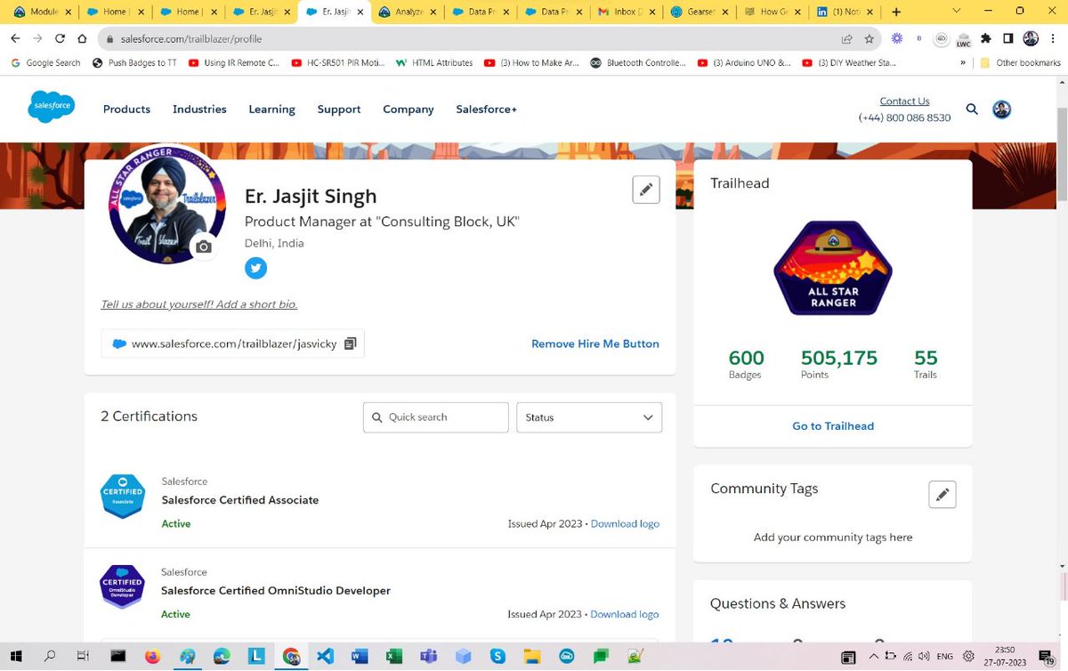 jasjitsingh77's tweet photo. By the Grace of God,
All Star Ranger Title received on Completion of 600 Badges with 5,05,175 Points Including 52 SuperBadges &amp; 55 Trails.
All happens with the support of My Family,Friends &amp; Well Wishers
Thanks to all🙏
@justguilda @Benioff @salesforce @trailhead @gauravkheterpal https://t.co/Lb6CJh8wxh