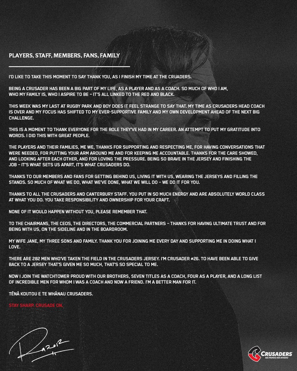 crusadersrugby's tweet photo. A final thank you from the man himself ❤️ 

Crusaders #26 always. https://t.co/XEwHQdeYGo