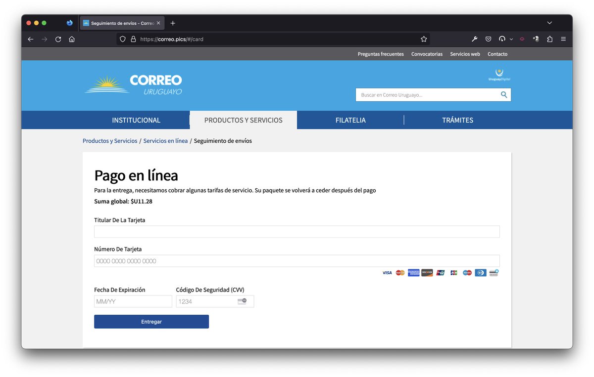 FrancoGuerzoni's tweet photo. Da vueltas un nuevo phishing, cae por sms un link haciéndose pasar por el Correo Uruguayo, pidiendo actualizar tus datos para entregarte un paquete.

Si completas los datos que te piden te manda a otro formulario donde te piden una tarjeta.

Gracias por avisar @mastrus. https://t.co/wcUQ08Hskw