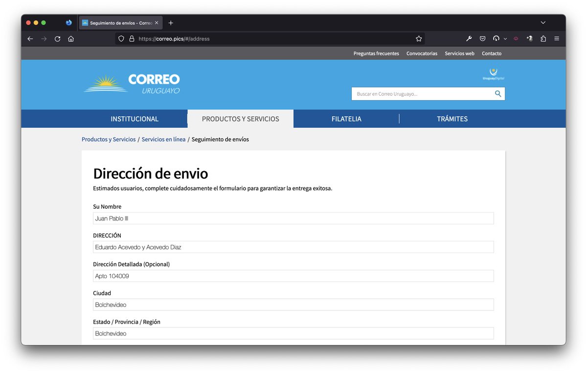 FrancoGuerzoni's tweet photo. Da vueltas un nuevo phishing, cae por sms un link haciéndose pasar por el Correo Uruguayo, pidiendo actualizar tus datos para entregarte un paquete.

Si completas los datos que te piden te manda a otro formulario donde te piden una tarjeta.

Gracias por avisar @mastrus. https://t.co/wcUQ08Hskw