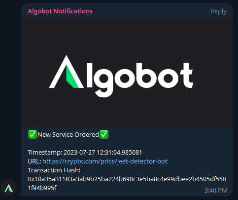 AlgoBotPro's tweet image. Now whenever a service is ordered the main group will be notified! Keeping you in the loop as we book orders!